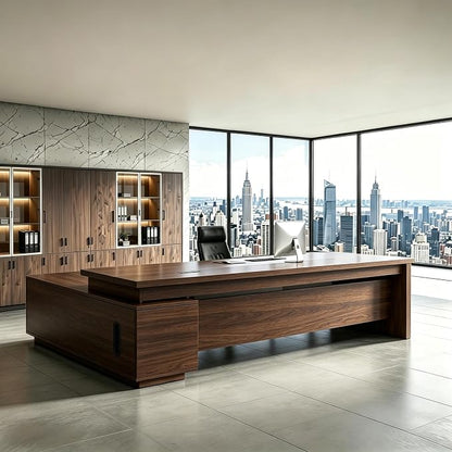 L Shaped Executive Desk with Drawers, Modern Large Wood Home Office Desk, Computer Desk with Storage for Boss Office Workstation