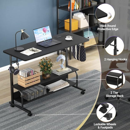 Armocity Rolling Standing Desk with Charging Station, Portable Height Adjustable Mobile Computer Desk with Wheels & 2-Tier Shelves & Hooks, Easy Assembly Laptop Table for Couch Bed, 39" Black