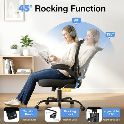 ALLGOD Ergonomic Office Chair, Breathable Mesh Ergonomic Desk Chair with Adjustable Lumbar Support, Flip-up Armrests, Computer Chairs Comfortable for Home, Office, Work, 300lbs, Black (2Pack)