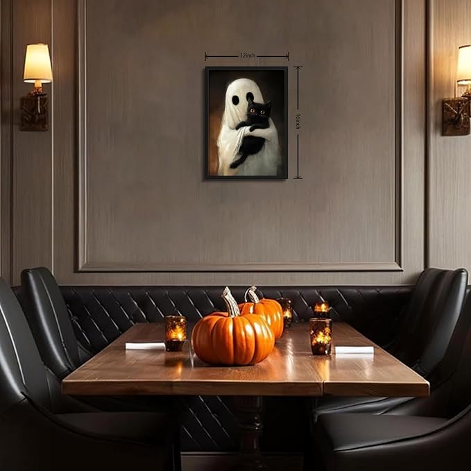 Framed Vintage Halloween Ghost Wall Art, Cute Ghost Hugging Black Cat Canvas Print, Cozy Dark Academia Gothic Halloween Decor for Living Room Bedroom, 12x16in Wood Frame