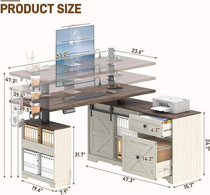 St.Mandyu 55" L Shaped Electric Standing Desk with File Drawer & Sliding Door, Height Adjustable Sit Stand Corner Computer Desk with Power Outlets, Drawers & Cup Holder for Home Office, White