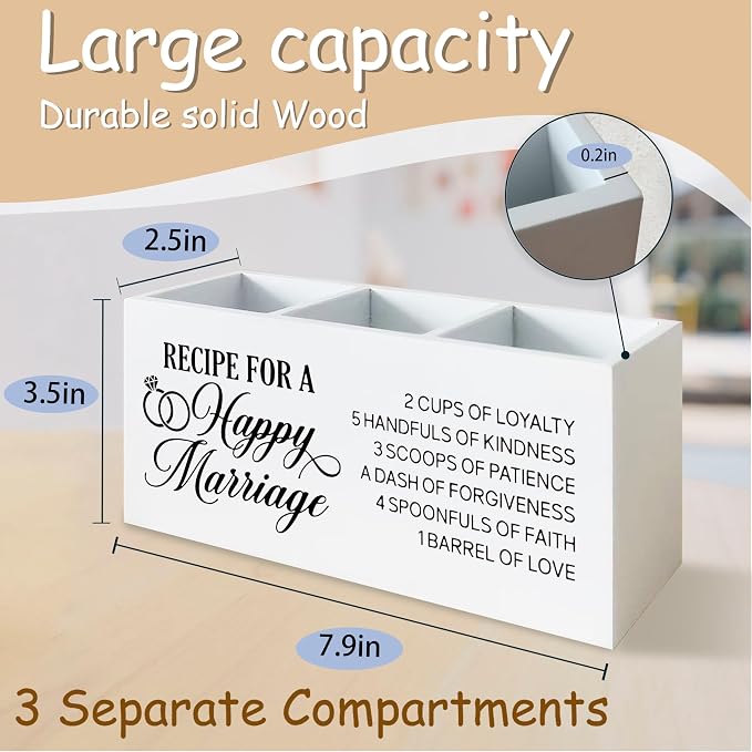 Wedding Gifts for Newlyweds Couples Bride Groom Pen Pencil Holder Organizer for Desk, Just Married Gifts, Recipe for a Happy Marriage Wooden Box Block Sign for Home Tabletop Decor