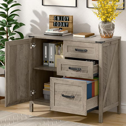 Befrases File Cabinet 3 Drawers Lateral File Cabinet with Adjustable Shelf for Letter/A4 Size Hanging Files, Large Wood File Storage Cabinets Printer Stand for Home Office, Grey
