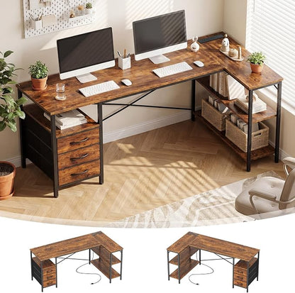 Alpen L Shaped Computer Desk, 47 Inch Corner Desk with Drawers and Power Outlets, Home Office Desk for Gaming, Study Writing PC Table with Storage and Reversible Shelf, Brown