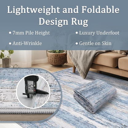 9x12 Area Rug Living Room Rugs - Washable Rug Large Modern Abstract Soft Thin Carpets Indoor Floor No Slip Vintage Carpet for Bedroom Under Dining Table Nursery Home Office Decor Blue