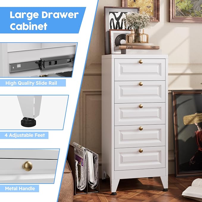 Metal Bathroom Storage Cabinet with 5 Drawers, Freestanding Bathroom Floor Cabinet for Home, Living Room, Assembly Required, White, 39.4" H x 16.6" W x 15.8" D