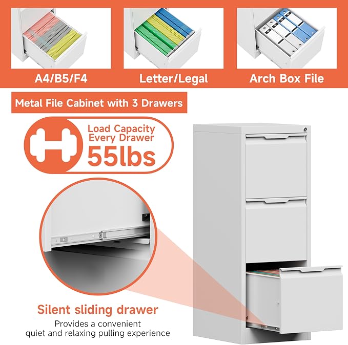 3 Drawer File Cabinet with Lock, Printer Stand, Office Filing Organizer, for A4 and Letter Size Files,Assembly Required(White)