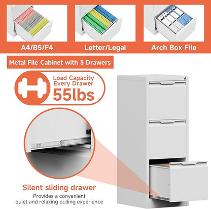 3 Drawer File Cabinet with Lock, Printer Stand, Office Filing Organizer, for A4 and Letter Size Files,Assembly Required(White)