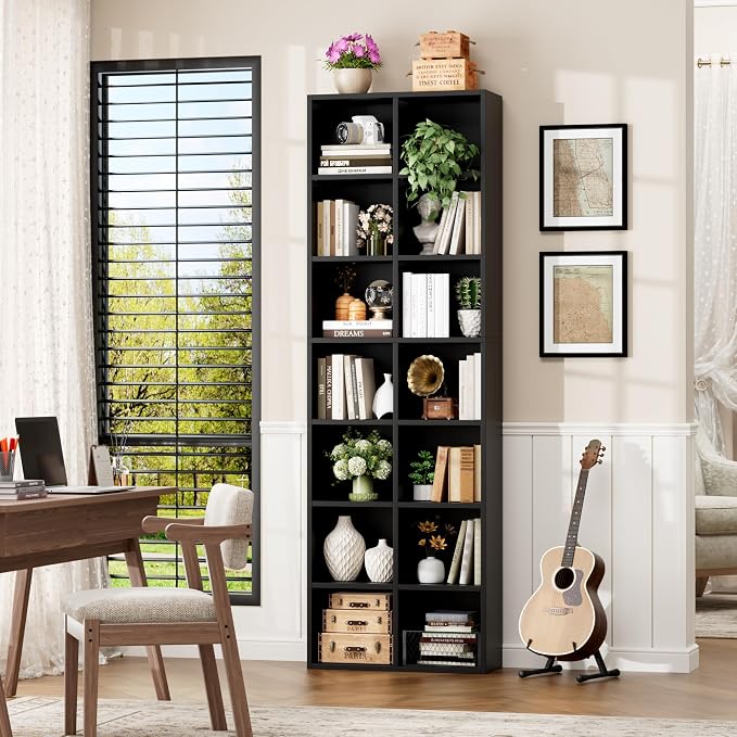 FOTOSOK 71'' Tall Bookshelf Set of 2, 7 Tier Large Black Bookshelf with Adjustable Shelves, Wide Bookcases and Bookshelf, DVD/CD Media Tower Storage, Cube Book Shelf Display Shelf Cabinet, Black