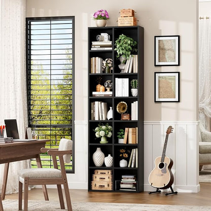 FOTOSOK 71'' Tall Bookshelf Set of 2, 7 Tier Large Black Bookshelf with Adjustable Shelves, Wide Bookcases and Bookshelf, DVD/CD Media Tower Storage, Cube Book Shelf Display Shelf Cabinet, Black