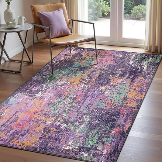 RELEANY Washable Area Rugs 3'x5' Non-Slip Modern Abstract Soft for Living Room Entryway Bedroom Kitchen, Print Pattern, Purple Orange Blue Green Rust Red Colorful