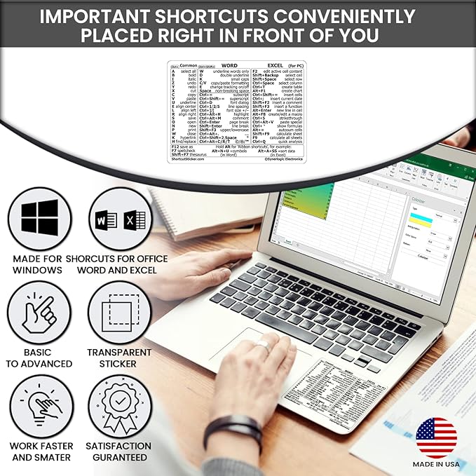 Synerlogic Word/Excel Windows Shortcut Sticker | Reference Guide Keyboard Shortcuts | Work from Home Essentials | Excel Shortcuts Cheat Sheet Laminated Vinyl (Clear/Small)