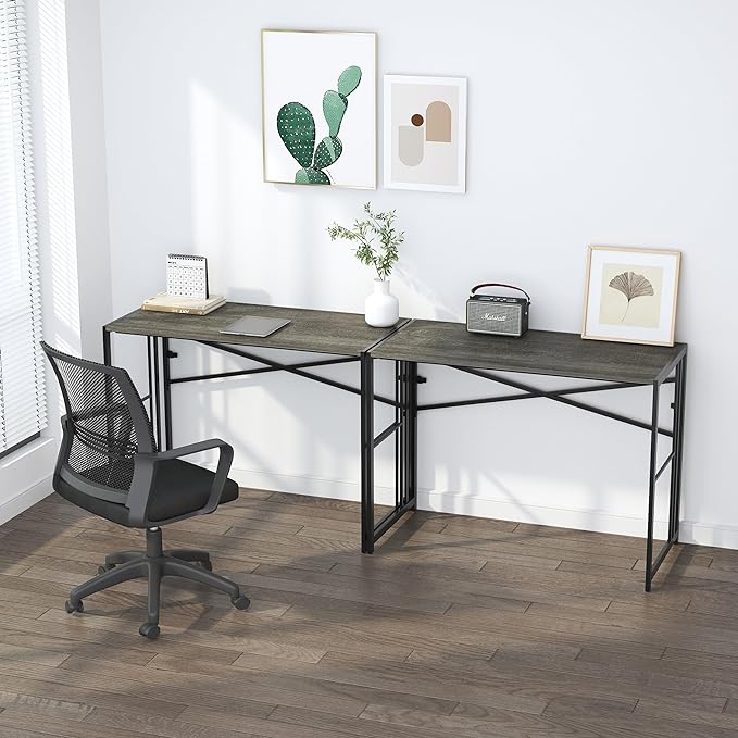 Lutown-Teen 35 inch Narrow Folding Desk, Writing Gaming Computer Camping Desk for Small Spaces, No Assembly Required Home Office Table, Black Oak