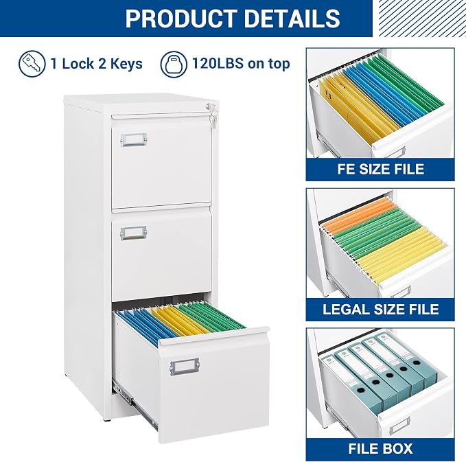 Fesbos 3 Drawers Vertical File Cabinets - 17.8" Deep Lockable Filing Cabinet - White Metal Storage Cabinets for Home Office to Hanging Files Letter/Legal/F4/A4 Size