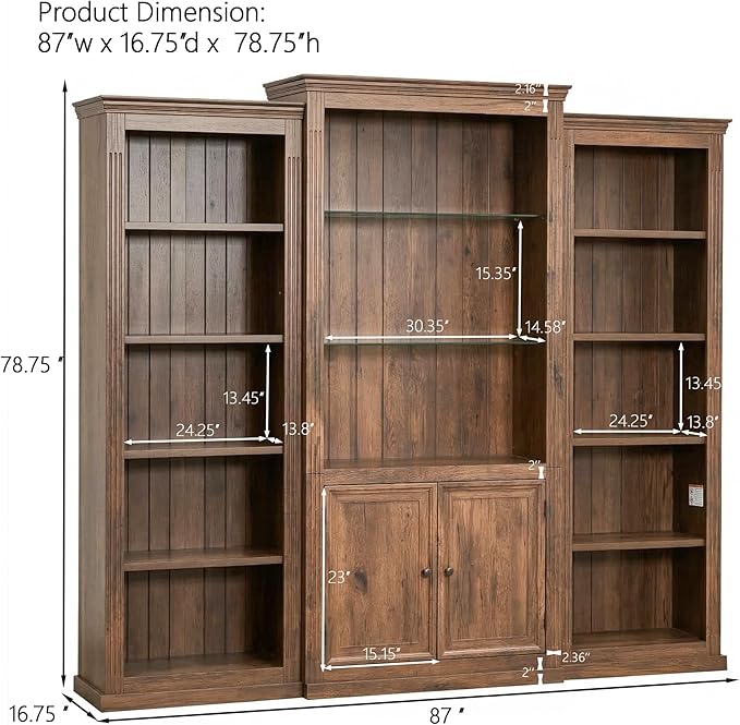 Merax 3-Pieces Brown Bookcase Collection Display Cabinet 87"x17"x79" Tall Bookshelf, Single Color Ceiling Light, 5 Shelf MDF Bookcase for Living Room, Home Office, Studio