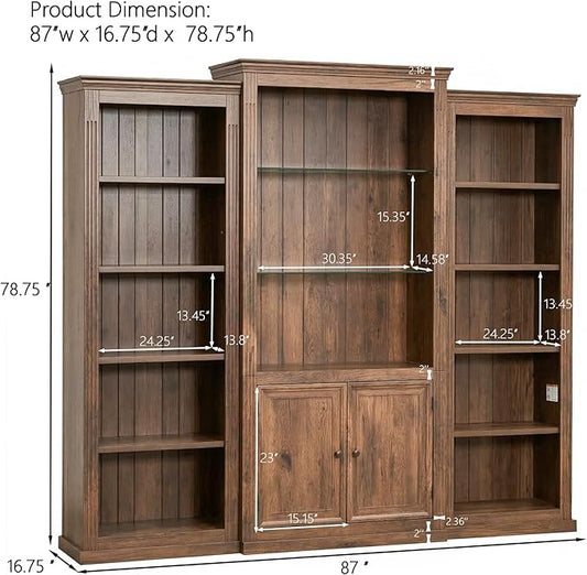 Merax 3-Pieces Brown Bookcase Collection Display Cabinet 87"x17"x79" Tall Bookshelf, Single Color Ceiling Light, 5 Shelf MDF Bookcase for Living Room, Home Office, Studio