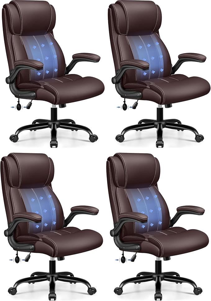 BESTFAIR Ergonomic High Back Office Chair, Adjustable Lumbar, Coffee 4 Pack | Inflatable Lumbar Support For Custom Comfort, Flip-Up Arms, 21" Wide Seat, Scratch-Resistant Pu Leather, Rocking & Heavy-Duty