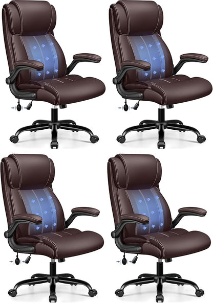 BESTFAIR Ergonomic High Back Office Chair, Adjustable Lumbar, Coffee 4 Pack | Inflatable Lumbar Support For Custom Comfort, Flip-Up Arms, 21" Wide Seat, Scratch-Resistant Pu Leather, Rocking & Heavy-Duty