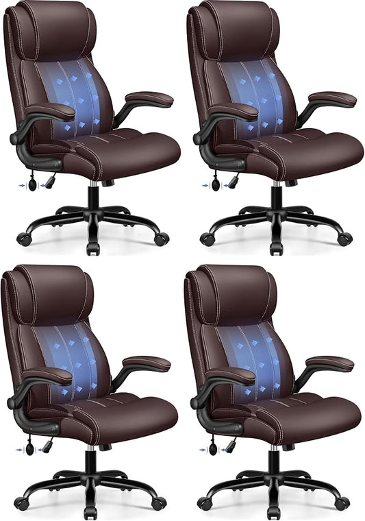 BESTFAIR Ergonomic High Back Office Chair, Adjustable Lumbar, Coffee 4 Pack | Inflatable Lumbar Support For Custom Comfort, Flip-Up Arms, 21" Wide Seat, Scratch-Resistant Pu Leather, Rocking & Heavy-Duty