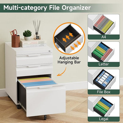 Mobile File Cabinet with Lock,3 Drawer Under Desk Metal Rolling Filing Cabinets for Home Office Organizer A4/Letter/Legal,Easy Assembly,White
