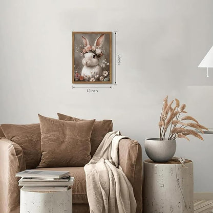 Framed Vintage Easter Bunny Wall Art, White Bunny with Flower Crown Canvas Prints, Cottage Farmhouse Animal Artwork, Rustic Easter Wall Decor for Kids Room Girls Bedroom Living Room 12x16in