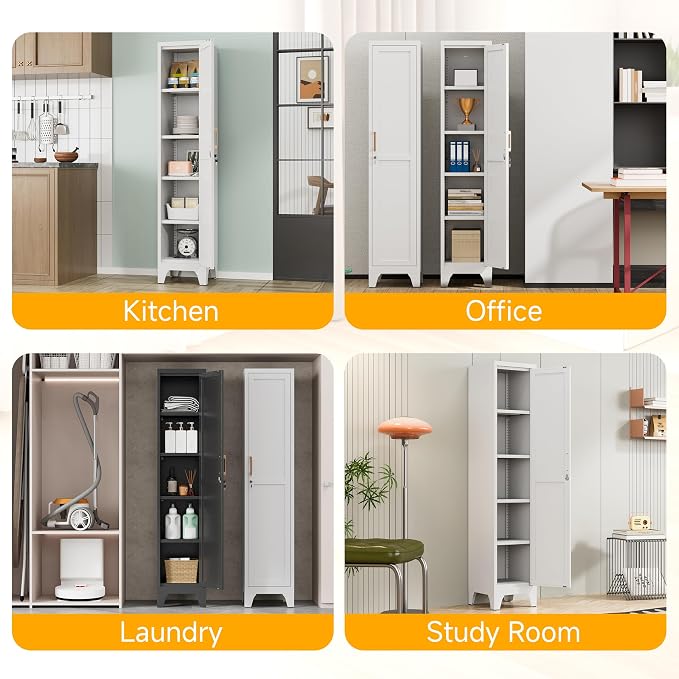 67"H White Metal Locker with 1 Lockable Door and 4 Adjustable Shelves For Employees, 5 Tier Small Storage Cabinet with Detachable Legs and Vintage Handle for Kitchen,Office,Gym,School,Easy Assembly