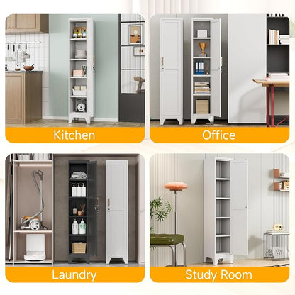 67"H White Metal Locker with 1 Lockable Door and 4 Adjustable Shelves For Employees, 5 Tier Small Storage Cabinet with Detachable Legs and Vintage Handle for Kitchen,Office,Gym,School,Easy Assembly