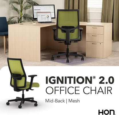 HON Ignition 2.0 Mid‑Back Ergonomic Office Chair, Mesh Task Desk Chair with Lumbar Support, Standard Synchro‑Tilt, Height and Width Adjustable Arms, Black Frame, Pear
