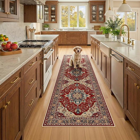 RELEANY Area Rugs Runner 2'x8' Washable Non-Slip, Floral Vintage Distress Medallion Carpet for Kitchen Hallway Bedroom Beside Laundry Room Bathroom, Red Blue
