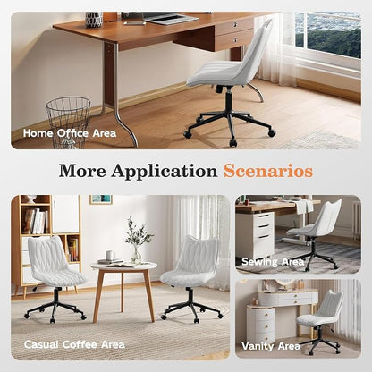 Armless Office Chair, Swivel Rolling Leather Desk Chair, White | Waterproof Upholstery, Padded Seat, 15° Relaxing Tilt, 330 LBS Capacity, for Bedroom Vanity and Computer Work