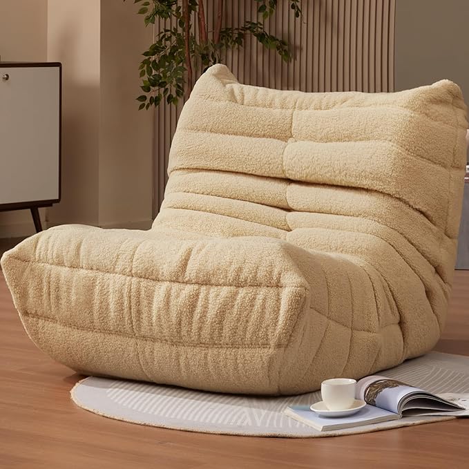 Hobestluk Adults Bean Bag Chair Faux Fur BeanBag Couch for Living Room | Khaki Teddy,Ergonomic Design,Memory Foam,UltraSoft,Anti-slip Bottom,No Assembly Required,Decorative Style for Living Room