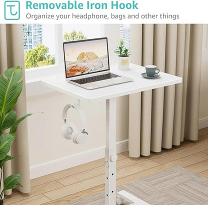 WINAZ Small Portable Rolling Desk Adjustable Height, 24 Inch Mobile Laptop Desk with Wheels for Dorm Room, C-Shaped Table for Sofa and Bed Side, Study Table for Students, White