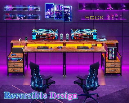 Furologee 47" Gaming Desk with LED Lights & USB-C Port, Reversible Computer Desk with Monitor Stand, Storage Shelves & 2 Fabric Drawers, Home Office Desk with Power Outlets & Hooks, Rustic Brown