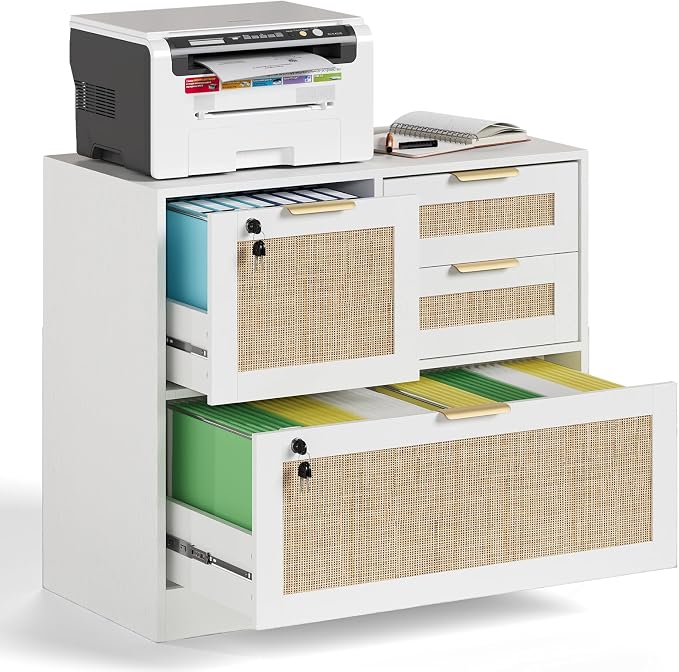 HOPUBUY 4 Drawer File Cabinet with Lock, Printer Stand Lateral Filing Cabinets for Home Office and School, Wood Rattan File Cabinet for Hanging Files/Letter/Legal/A4/F4 Size, White