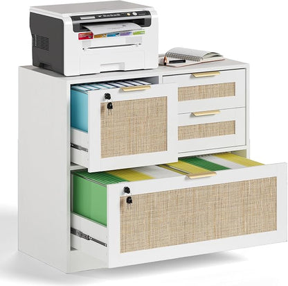 HOPUBUY 4 Drawer File Cabinet with Lock, Printer Stand Lateral Filing Cabinets for Home Office and School, Wood Rattan File Cabinet for Hanging Files/Letter/Legal/A4/F4 Size, White
