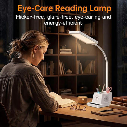 cozoo LED Desk Lamp for Home Office, Desk Light with 15W Wireless Charger Pen Holder, 12 Lighting Modes Desk Lamp for Bedroom, Small Table Lamp for College Dorm, Study, Craft, Nail, White