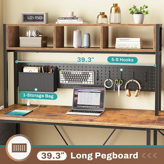 SEDETA L Shaped Gaming Desk with Hutch, 57.5” Reversible Corner Computer Desk with Storage Shelves, Gaming Desk with Pegboard, LED Lights, Power Outlet, Keyboard Tray (Rustic Brown)