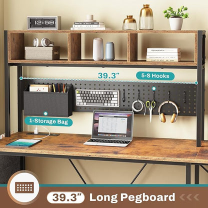 SEDETA L Shaped Gaming Desk with Hutch, 57.5” Reversible Corner Computer Desk with Storage Shelves, Gaming Desk with Pegboard, LED Lights, Power Outlet, Keyboard Tray (Rustic Brown)