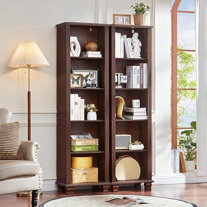 SAVOR LIFE Narrow Walnut Book Shelf, 70" Tall Skinny Bookshelf with Adjustable Shelves & Wooden Legs, Farmhouse Wood Bookcase w/5-Tier Open Storage, Free Standing Book Case for Office,Living Room,3PCS