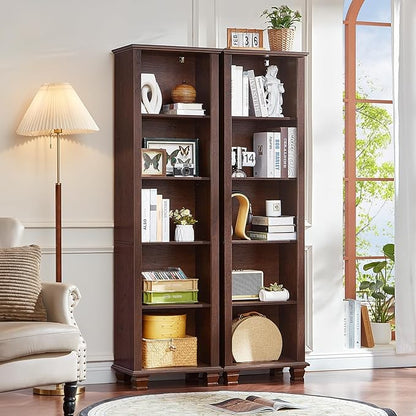 SAVOR LIFE 70" Tall Narrow Book Shelf, Wood Skinny Bookshelf with Adjustable Shelves & Wooden Legs, Farmhouse Bookcase w/5-Tier Storage, Free Standing Bookshlves for Office, Living Room, Walnut, 2PCS