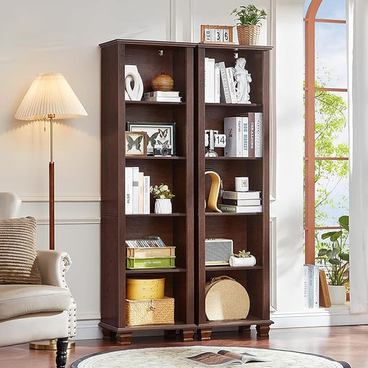 SAVOR LIFE 70" Tall Narrow Book Shelf, Wood Skinny Bookshelf with Adjustable Shelves & Wooden Legs, Farmhouse Bookcase w/5-Tier Storage, Free Standing Bookshlves for Office, Living Room, Walnut, 2PCS