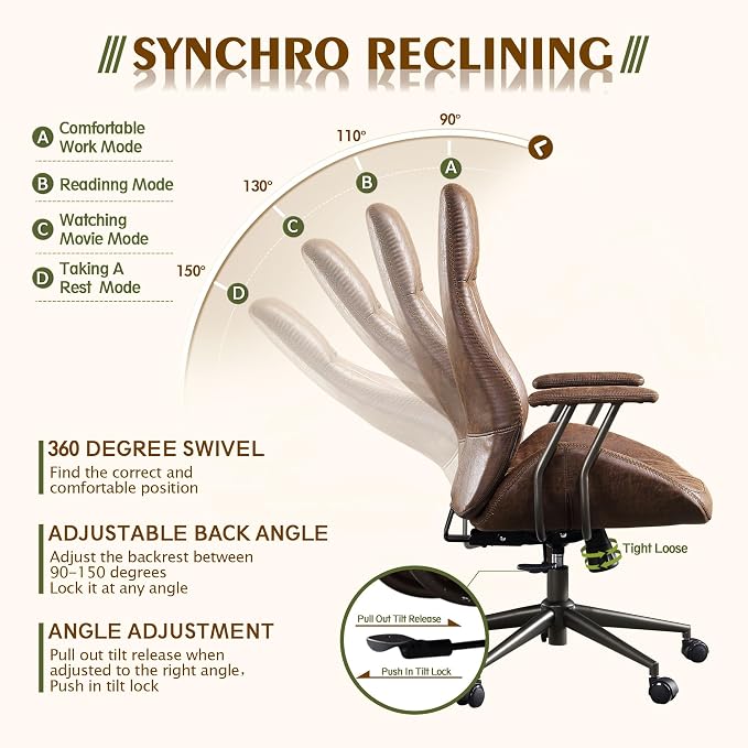 CAODOC High Back Office Chair,Modern Swivel Office Chair,Brown Suede Fabric Gaming Chair,Height Adjustable Home Office Desk Chair with Lumbar Support
