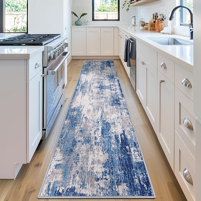 RELEANY Washable Area Rugs 2'x10' Non-Slip Modern Abstract Soft for Living Room Entryway Bedroom Kitchen, Print Pattern, Blue Grey Navy Gray