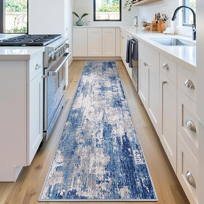 RELEANY Washable Area Rugs 2'x8' Non-Slip Modern Abstract Soft for Living Room Entryway Bedroom Kitchen, Print Pattern, Blue Grey Navy Gray
