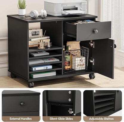 Quikraen Wooden Rolling File Cabinet Black | Mobile Lateral Office Filing Cabinets with Doors Under Desk Cabinet for Office Supplies