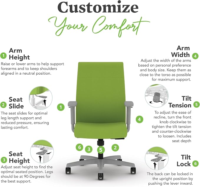 HON Ignition 2.0 Ergonomic Office Chair with Adjustable Arms, Standard Synchro‑Tilt Recline, Upholstered Desk and Computer Chair for Home Office or Workstation, Titanium Frame, Pear