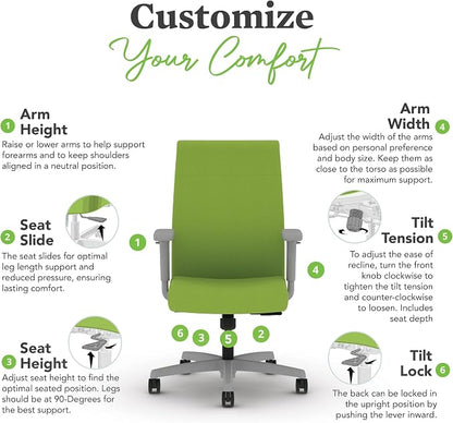 HON Ignition 2.0 Ergonomic Office Chair with Adjustable Arms, Standard Synchro‑Tilt Recline, Upholstered Desk and Computer Chair for Home Office or Workstation, Titanium Frame, Pear