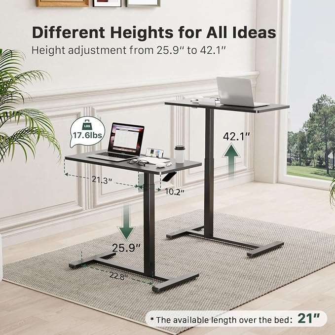 Gibbon Mounts Mobile Standing Desk, Pneumatic Adjustable Rolling Desk(31.5 Inches), Portable Laptop Desk with Wheels, Overbed Bedside Table Laptop Table for Couch, Home, Office, Black