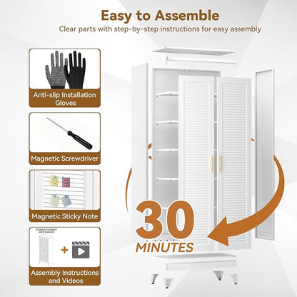 Polup 75" Kitchen Pantry Cabinet, White Metal Storage Cabinet with Doors and 5 Adjustable Shelves, Tall Metal Pantry Cabinets, Large Cupboard for Kitchen, Dining Living Room, Bathroom, Office
