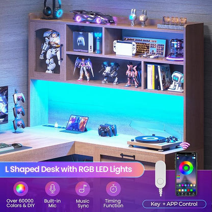 SEDETA Farmhouse L Shaped Office Desk with Drawers, 61” Computer Desk with Storage Shelves and Power Outlet, Corner Gaming Desk with LED Light and Display Cabinet for Home Office, Light Brown